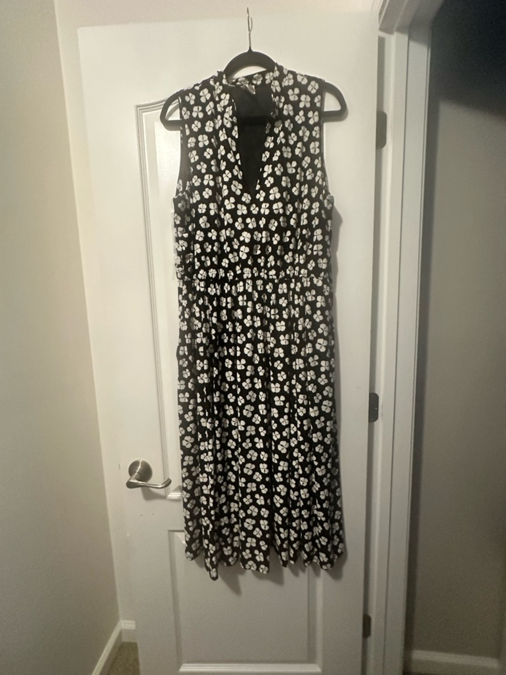 Black Midi Dress with White Floral Print - Sleeveless V-Neck
